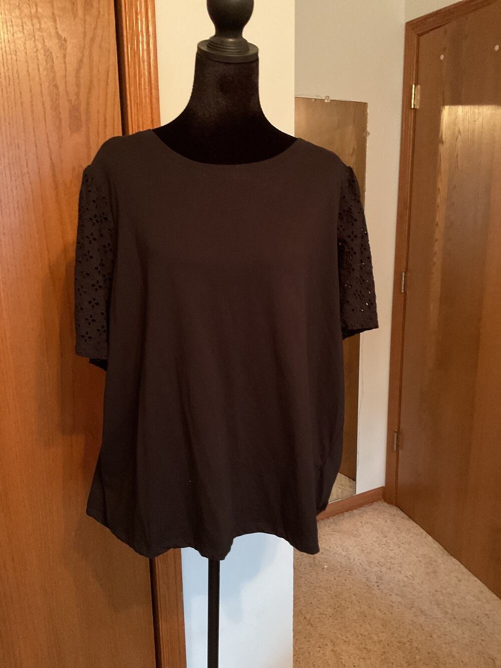Cynthia Rowley Black Eyelet Lace Cutout Flutter Sleeve Round Neck Knit Top 2X